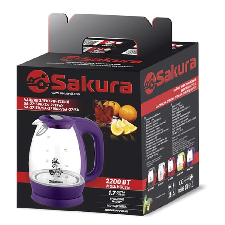 Чайник эл стекло 1,7л 2200Вт подсвет Sakura черн. (6шт) - SA-2715BK