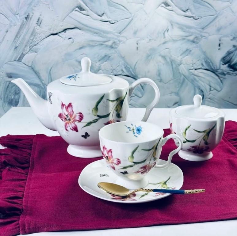 Сервиз чайный костяной фарфор 14 пред 240мл Flowers Lenardi под/уп (3шт) - 205-976