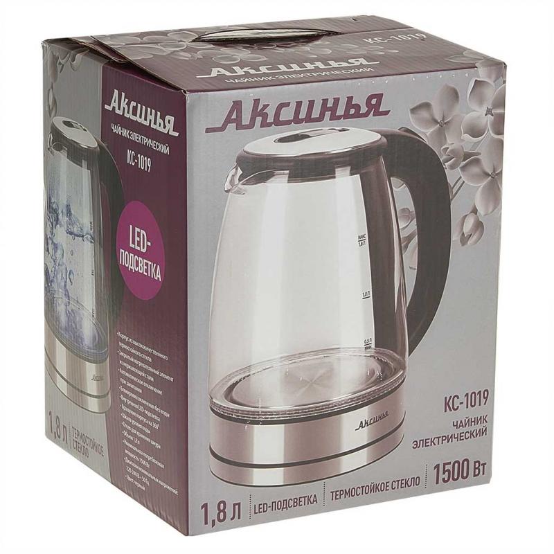 Чайник эл стекло 1,8л 1500Вт черный Аксинья КС-1019 (12шт)