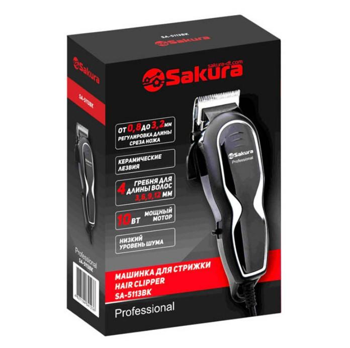 Машинка д/стрижки волос 10Вт Sakura Профессионал керам.лезвия регулировка 4 гребня - SA-5113BK