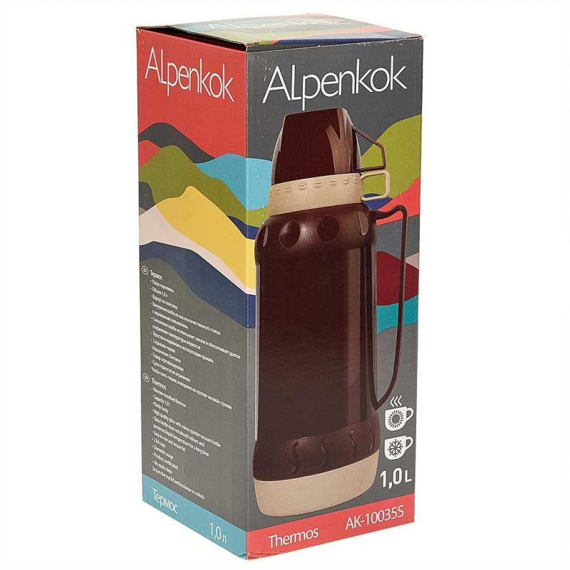 Термос 1л стекл.колба узкое горло 2 крышки-чашки Alpenkok корич. (12шт) - AK-10035S