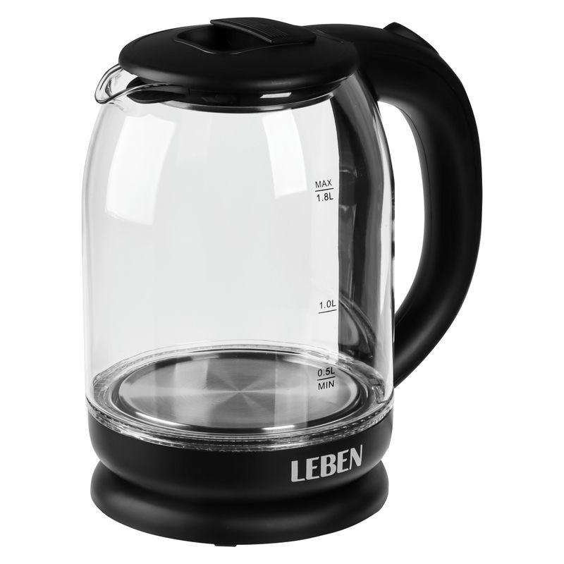 Чайник эл стекло 1,8л 1500Вт с индикатором, черный Leben (12шт) - 291-145