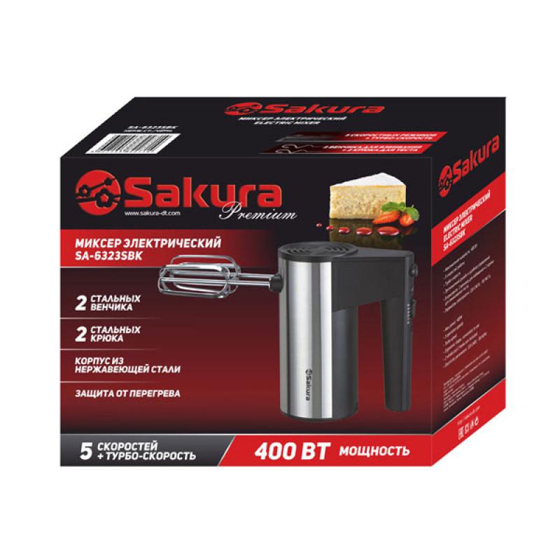 Миксер эл 600Вт 5 скоростей Турбо корпус нерж/пластик насадки нерж Sakura (20шт) - SA-6323SBK