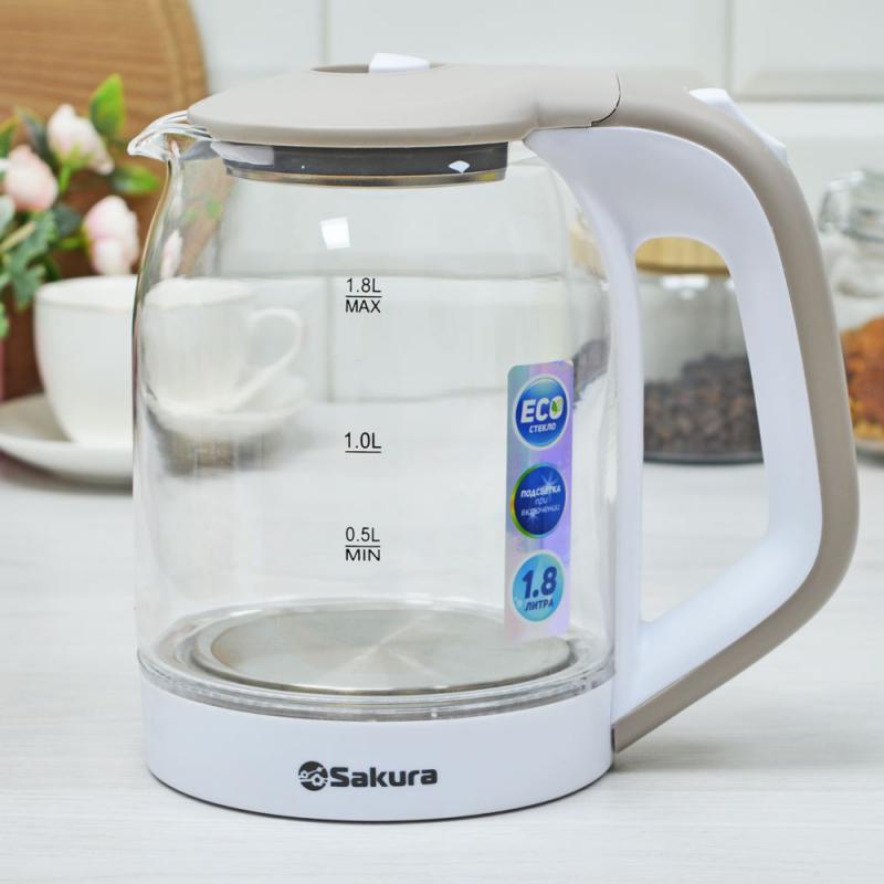 Чайник эл стекло 1,8л 1800Вт точечн.подсвет Sakura (12шт) - SA-2736WG
