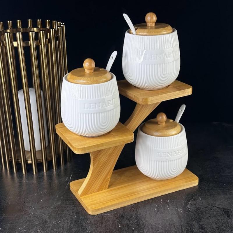 Набор банок фарфор 3 пред 350мл Lenardi Bamboo с ложк на подст под/уп (12шт) - 140-060