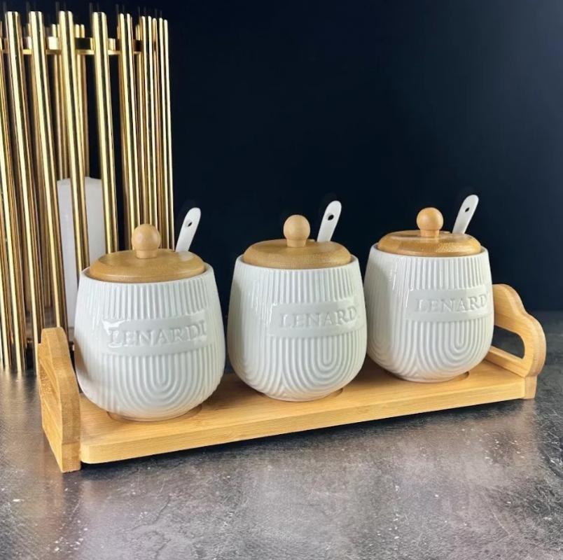 Набор банок фарфор 3 пред 350мл Lenardi Bamboo с ложк на подст под/уп (16шт) - 140-061