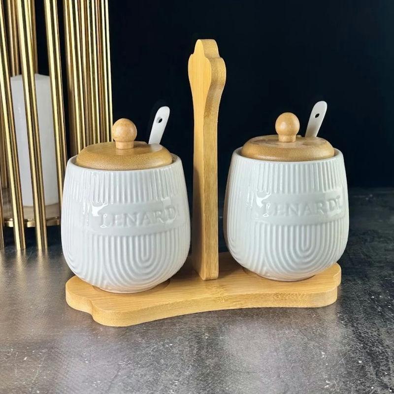 Набор банок фарфор 2 пред 350мл Lenardi Bamboo с ложкой на подст под/уп (24шт) - 140-062