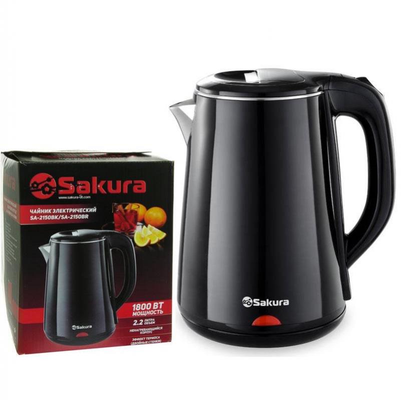 Чайник эл нерж 2,2л 1800Вт 2х-слойный мет.корпус эффект термоса Sakura черн. (12шт) - SA-2150BK **