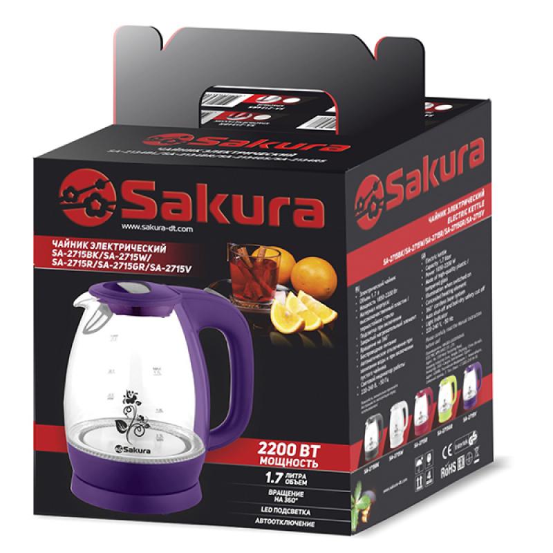 Чайник эл стекло 1,7л 2200Вт подсвет Sakura бел. (6шт) - SA-2715W