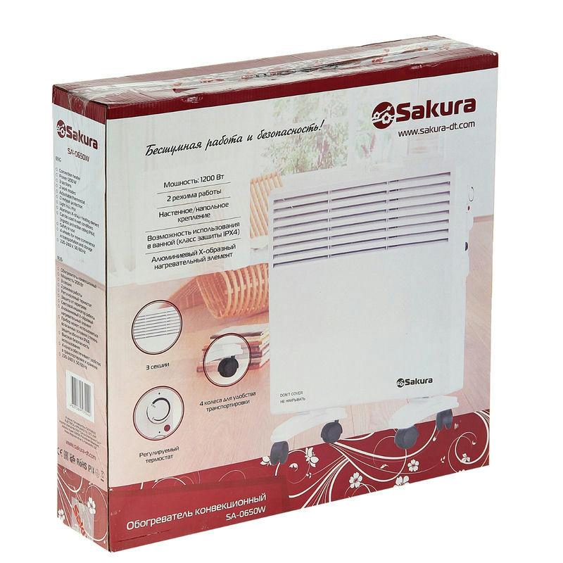 Обогреватель конвекционный 1200Вт Sakura 3секции 2режима настен-напольн крепление бел. (1шт) -SA-065