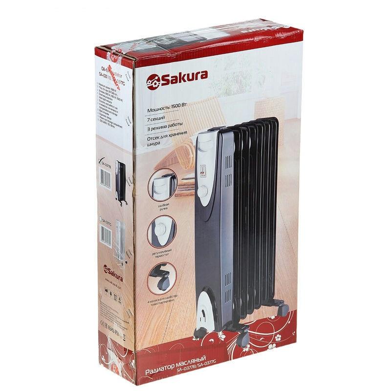 Радиатор масляный 1500Вт Sakura 7секций 3режима отключ на колесах черно-серебр. (1шт) - SA-0377B (SS