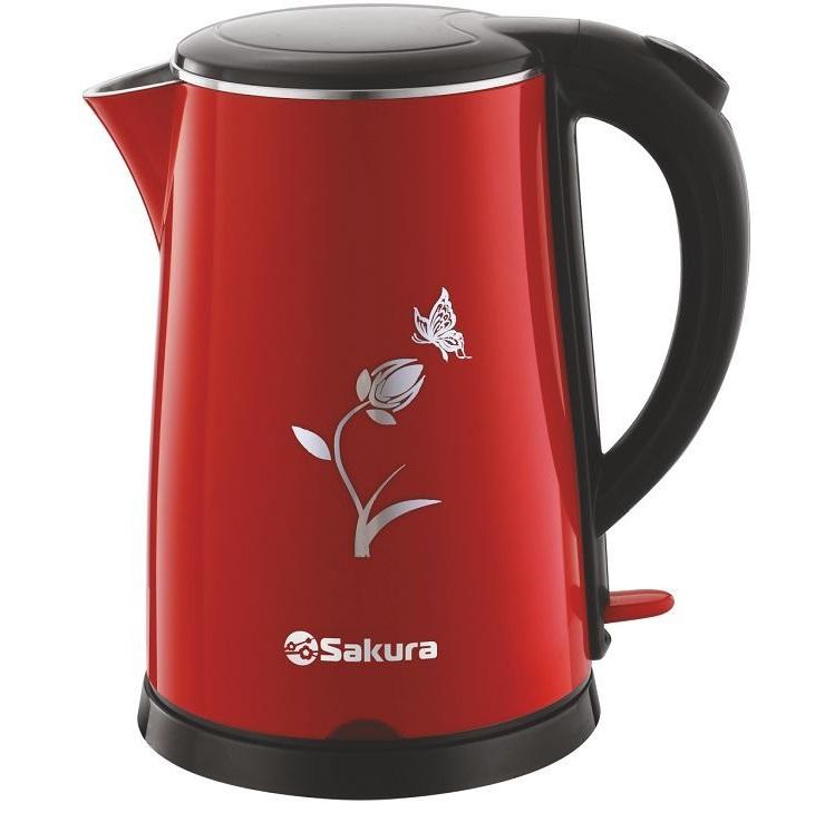 Чайник эл нерж 1,8л 2000Вт 2х-слойный мет.корпус эффект термоса Sakura красн-черн. (12шт) - SA-2159B
