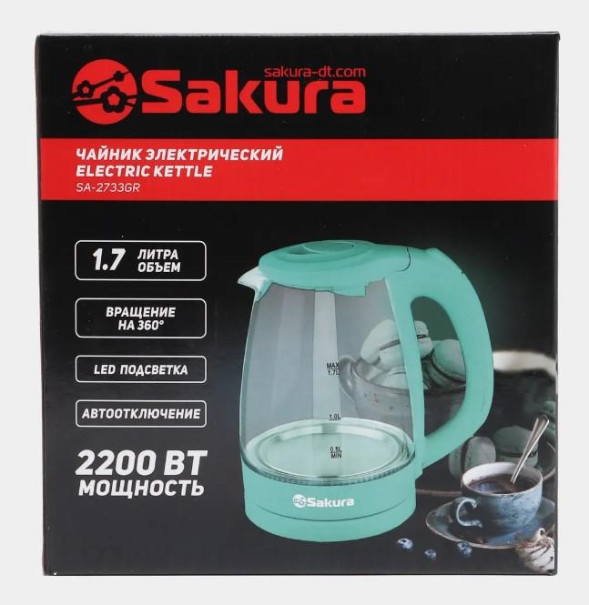 Чайник эл стекло 1,7л 2200Вт подсвет Sakura свежая мята (6шт) - SA-2733GR