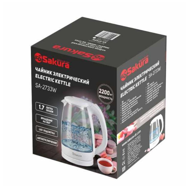 Чайник эл стекло 1,7л 2200Вт подсвет Sakura бел. (6шт) - SA-2733W