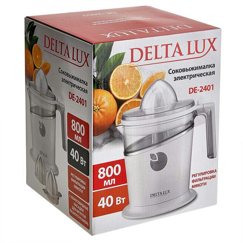 Соковыжималка эл 40Вт Delta Lux емкость д/сока 800мл 2насадки регулир фильтрации бел. - DE-2401