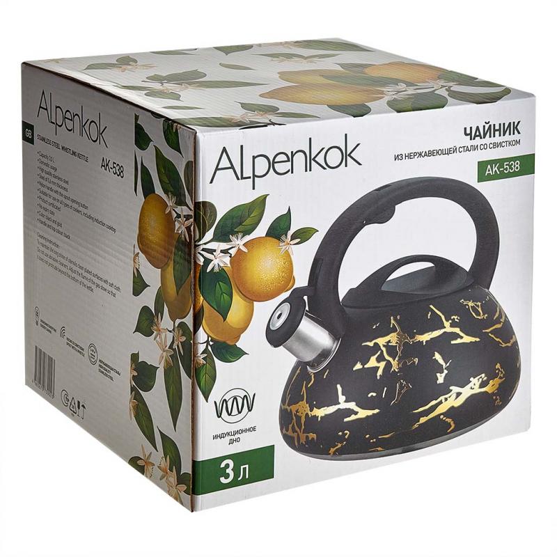 Чайник нерж 3л Alpenkok со свист. индукция черн. с золотом (12шт) - АК-538