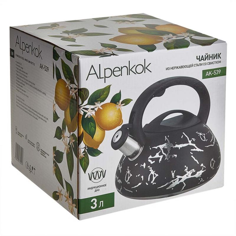 Чайник нерж 3л Alpenkok со свист. индукция черн. с серебр. (12шт) - АК-539