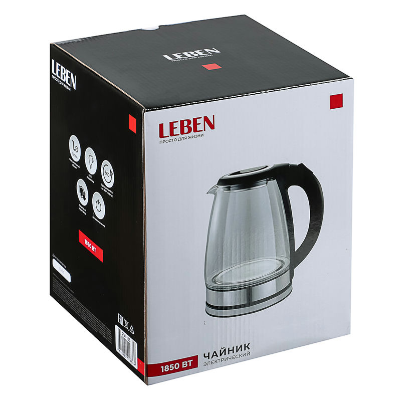 Чайник эл стекло 1,8л 1850Вт с индикатором, черный Leben (12шт) - 291-133