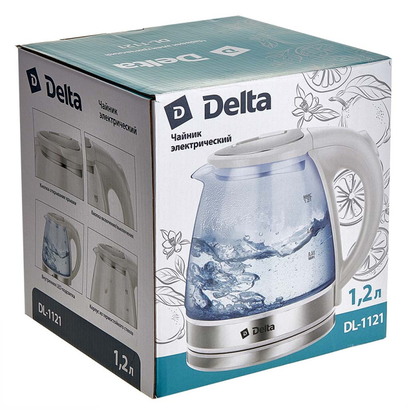 Чайник эл стекло 1,2л 1500Вт белый Delta DL-1121 (12шт)