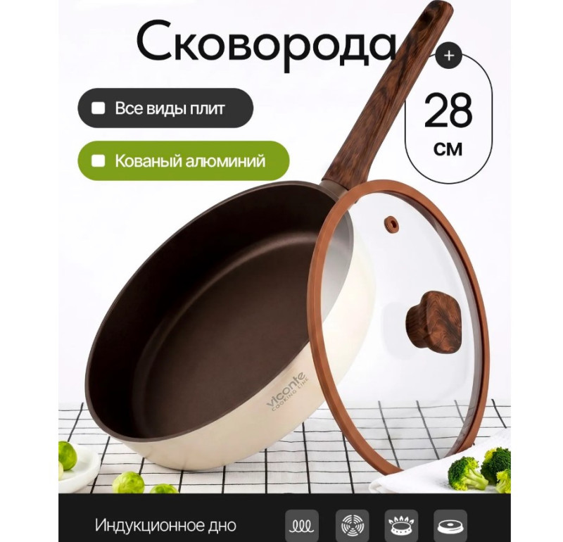 Сковорода АП д28см ст/кр ручка софтач п/дерево индукция VICONTE (6шт) - VC-01009AL