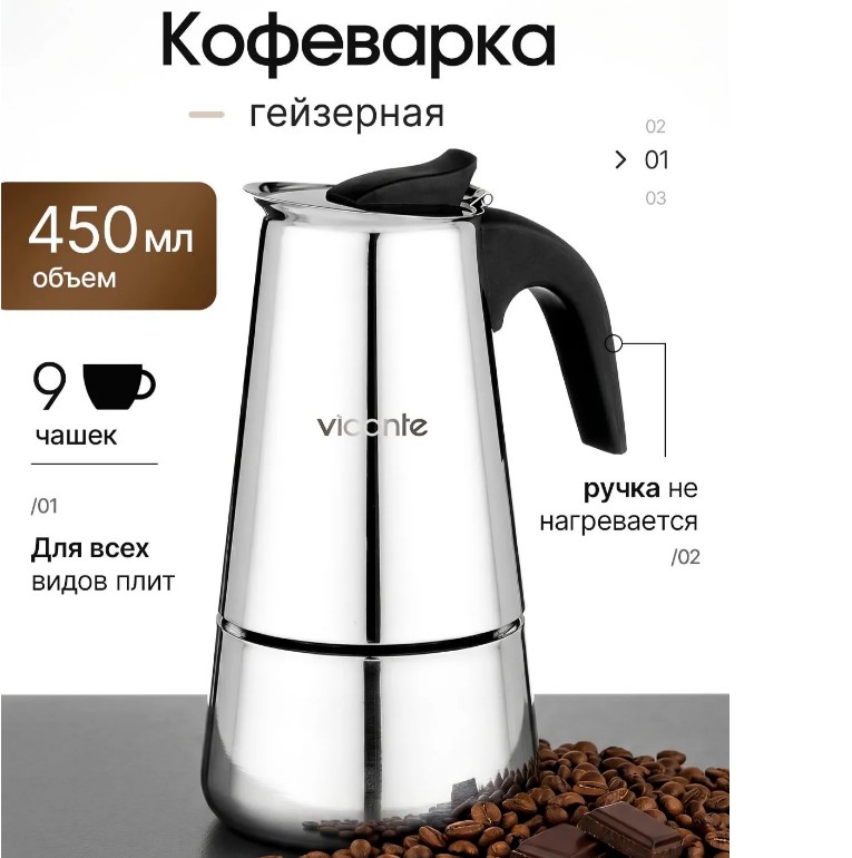 Кофеварка гейзерная нерж 500мл зеркальная полир VICONTE (24шт) - VC-07007S