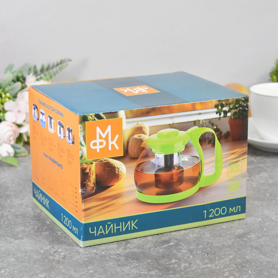 Чайник заварочный пластик/стекло жаропроч 1,2л нерж.сито Зеленый под/уп (6шт) - MFK-JY-312-gr